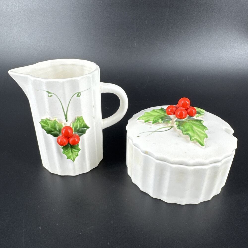 Vintage Holt Howard Holly & Berries Creamer And Sugar Bowl Christmas READ